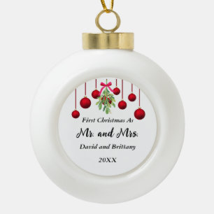 Mistletoe & Red Balls Newlywed Ceramic Ornament