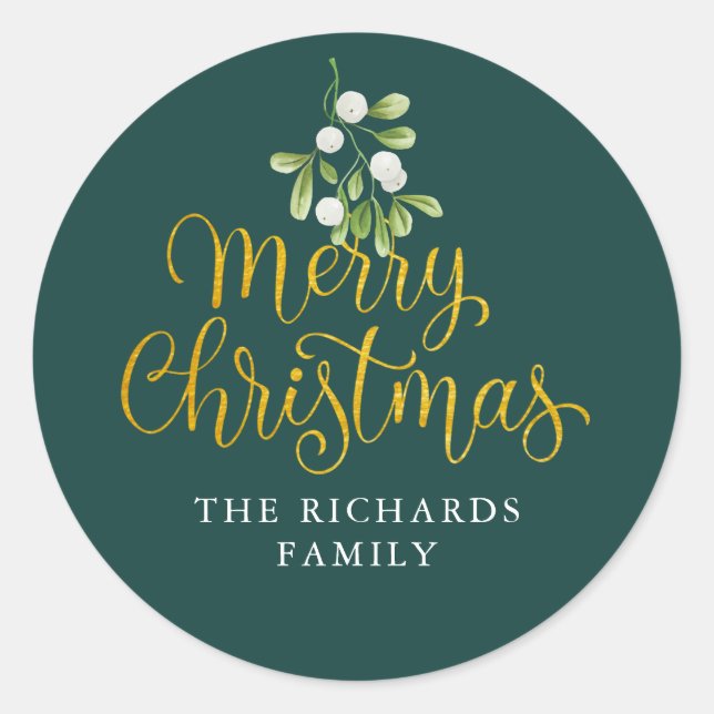 Mistletoe Script Gold Merry Christmas Family Name Classic Round Sticker (Front)
