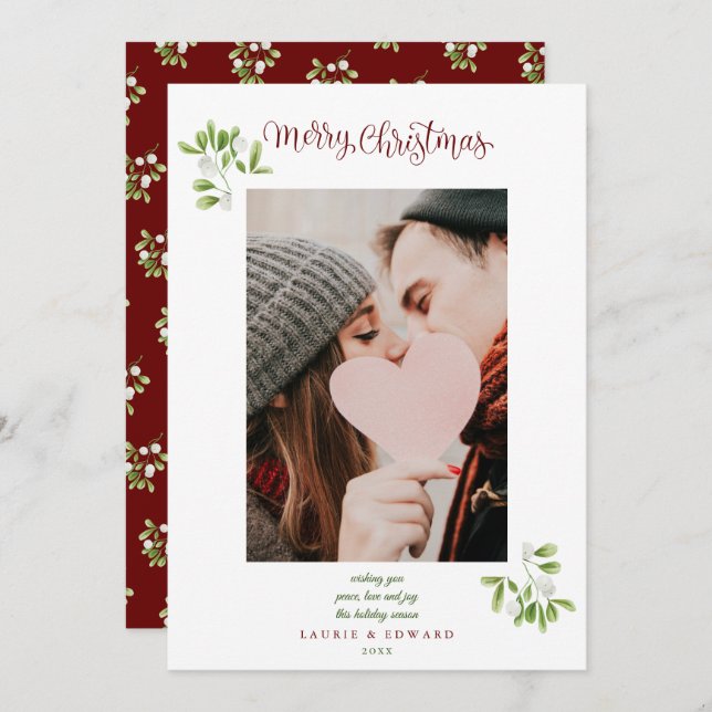Mistletoe Script Merry Christmas Couples Photo Holiday Card (Front/Back)