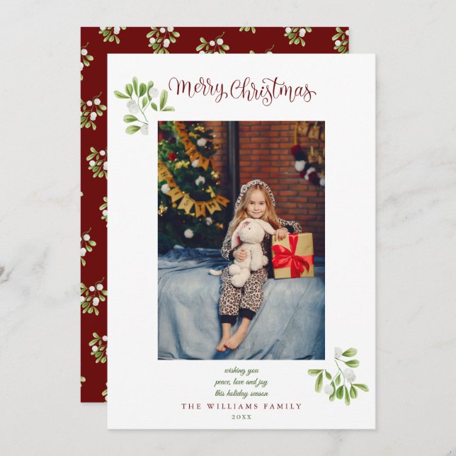 Mistletoe Script Merry Christmas Photo Holiday Card (Front/Back)