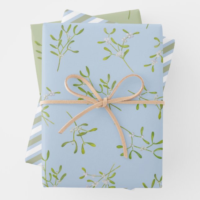  Mistletoe Stripes Blue Green Wrapping Paper Sheet (In situ)