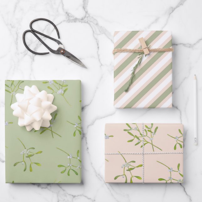 Mistletoe Stripes Green Eggnog Wrapping Paper Sheet (Front)