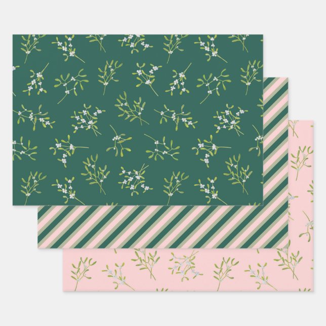 Mistletoe Stripes Green Rose Wrapping Paper Sheet (Set)