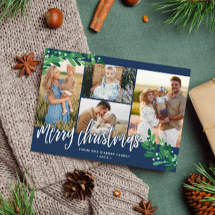 Mistletoe Twigs Navy Photo Collage Merry Christmas Holiday Card