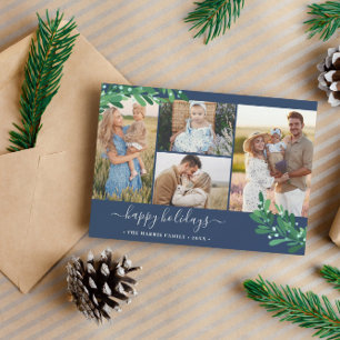 Mistletoe Twigs Photo Collage Navy Happy Holidays Holiday Card