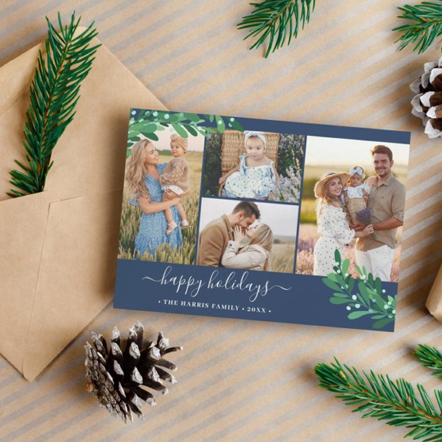 Mistletoe Twigs Photo Collage Navy Happy Holidays Holiday Card (Creator Uploaded)