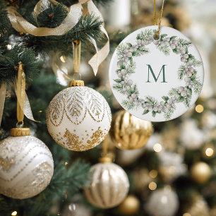 Mistletoe White Berry Monogrammed Wreath Christmas Ceramic Ornament