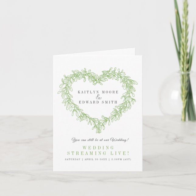 Mistletoe winter wedding green white live stream announcement (Front)