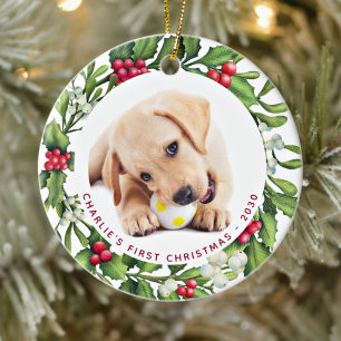 Mistletoe Wreath Personalised Dog Photo Christmas  Ceramic Ornament