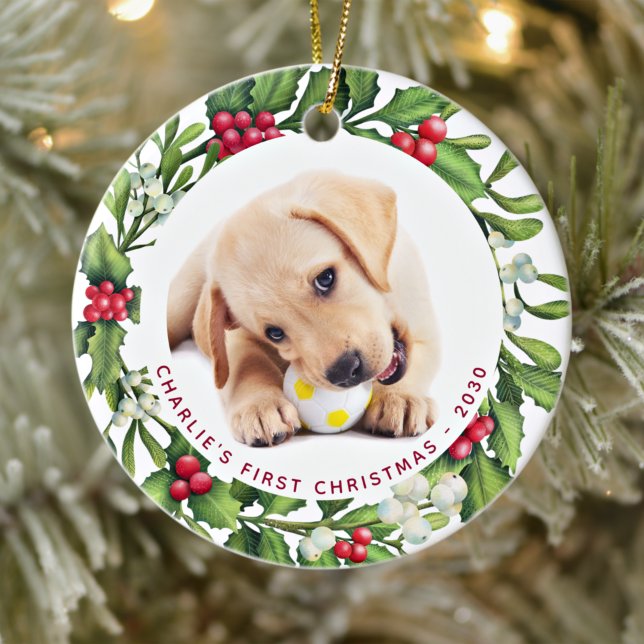Mistletoe Wreath Personalised Dog Photo Christmas  Ceramic Ornament (Creator Uploaded)