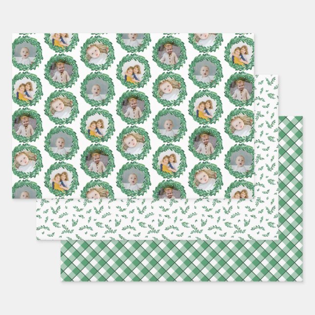 Mistletoe Wreath Photo Collage Christmas Patterns Wrapping Paper Sheet (Set)