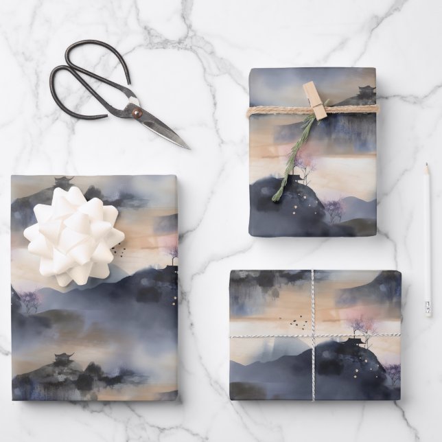 Misty Asian Style Landscape Pattern Wrapping Paper Sheet (Front)