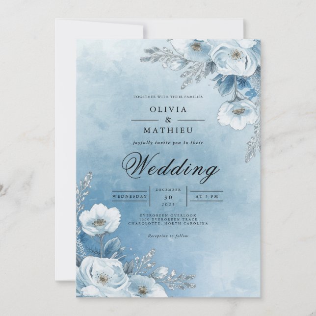 Misty Azure Bloom Wedding Invitation (Front)