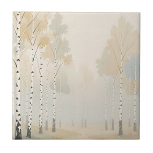 Misty Birch Forest Watercolor Landscape Ceramic Tile