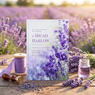 Misty Blue Bokeh Purple Lavender Frame Wedding Invitation