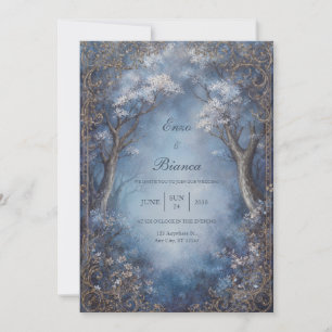 Misty Blue Enchanted Forest Gold Filigree Wedding Invitation