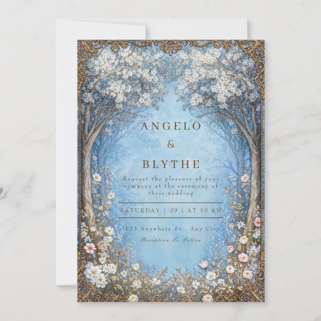 Misty Blue Enchanted Forest Gold Frame Wedding Invitation (Front)