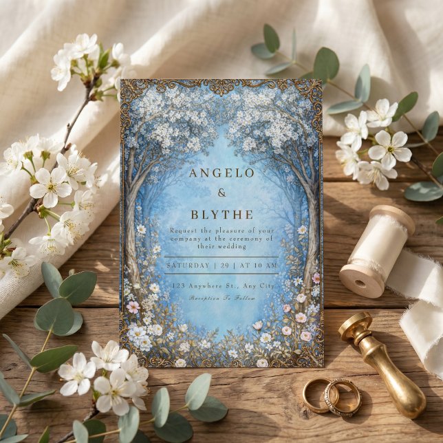 Misty Blue Enchanted Forest Gold Frame Wedding Invitation (Creator Uploaded)