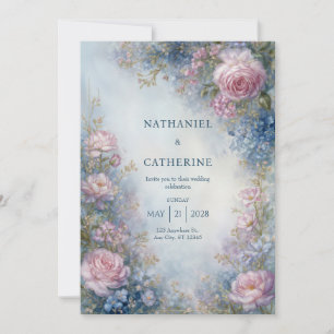 Misty Blue Ethereal Rose Border Wedding Invitation