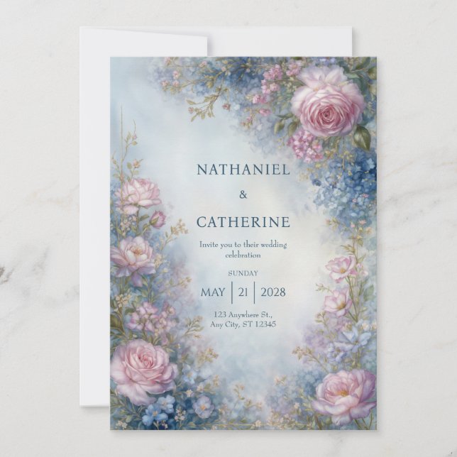 Misty Blue Ethereal Rose Border Wedding Invitation (Front)