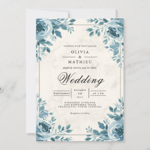 Misty Blue Floral Corner Accent Wedding Invitation
