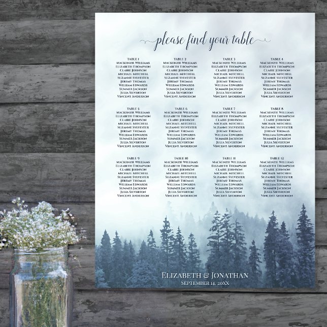 Misty Blue Forest 12 Table Wedding Seating Chart (In Situ on Wall)