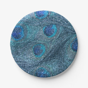 misty blue glitter peacock feathers paper plate