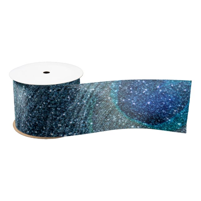 misty blue glitter peacock feathers satin ribbon (Spool)
