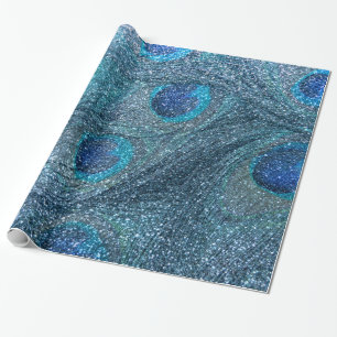 misty blue glitter peacock feathers wrapping paper
