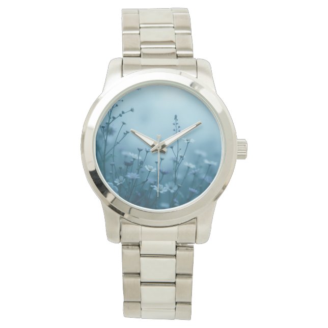 Misty Blue Little Flowers Wrist Watch (Front)