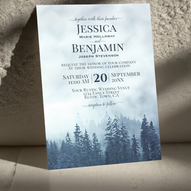 Misty Blue Pine Forest Rustic Outdoors Wedding Invitation (Creator Uploaded)