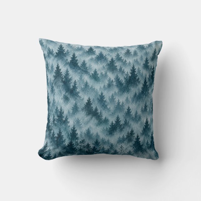 Misty Blue Pine Forest Watercolor Pattern Cushion (Front)