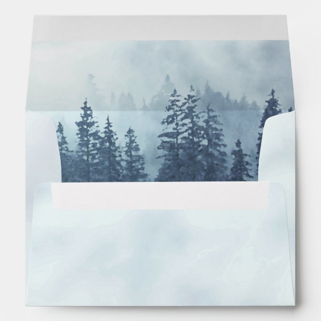 Misty Blue Pine Tree Forest Rustic Alpine Wedding Envelope (Back (Bottom))