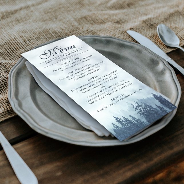 Misty Blue Pine Trees Rustic Elegance Wedding Menu (In Situ on Plate)
