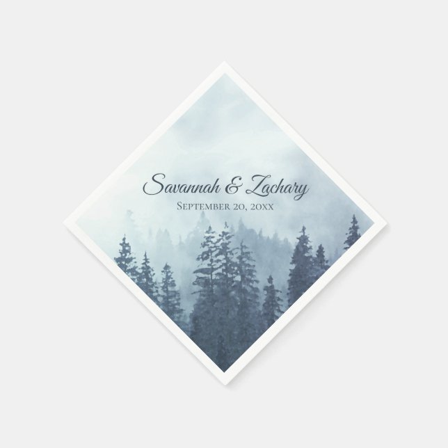 Misty Blue Pine Trees Rustic Watercolor Wedding Napkin (Corner)