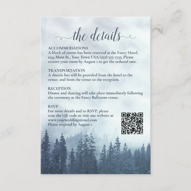 Misty Blue Pine Trees Wedding Details QR Code Enclosure Card (Front)