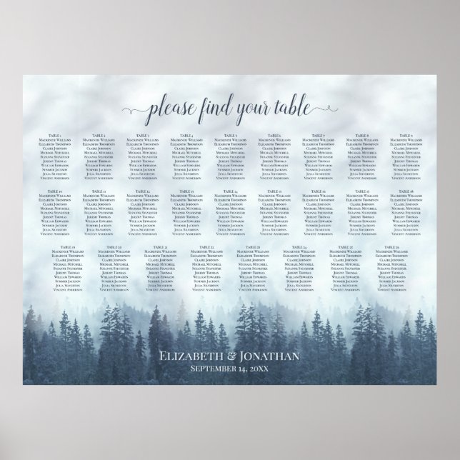 Misty Blue Pines 26 Table Wedding Seating Chart (Front)