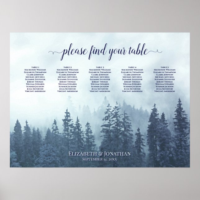 Misty Blue Pines 5 Table Wedding Seating Chart (Front)