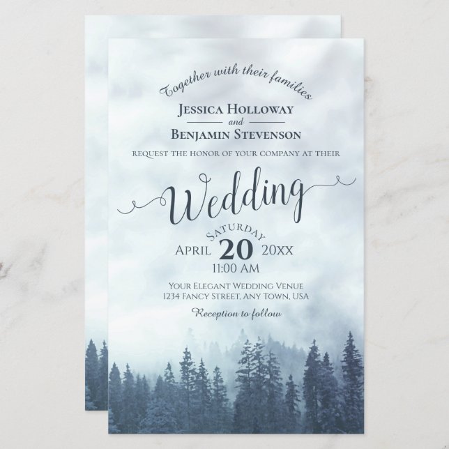 Misty Blue Pines BUDGET Wedding Invitation (Front/Back)