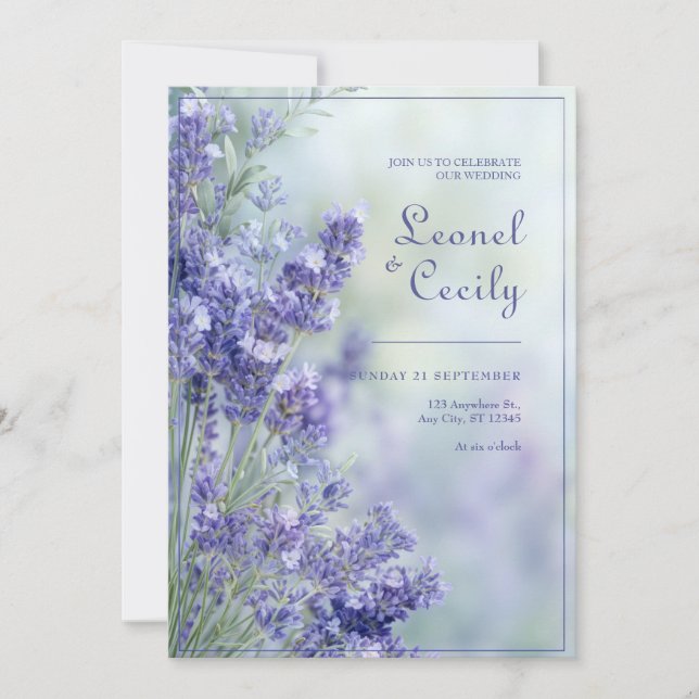 Misty Blue Romantic Lavender Frame Invitation (Front)