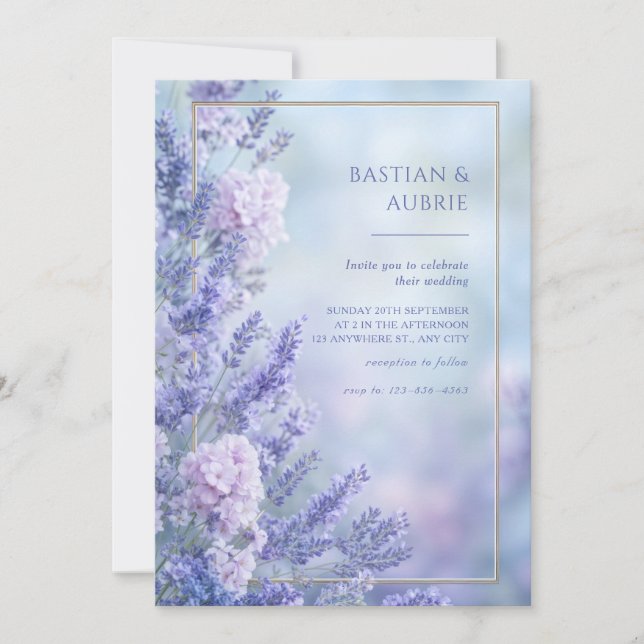 Misty Blue Romantic Lavender Gold Frame Wedding Invitation (Front)