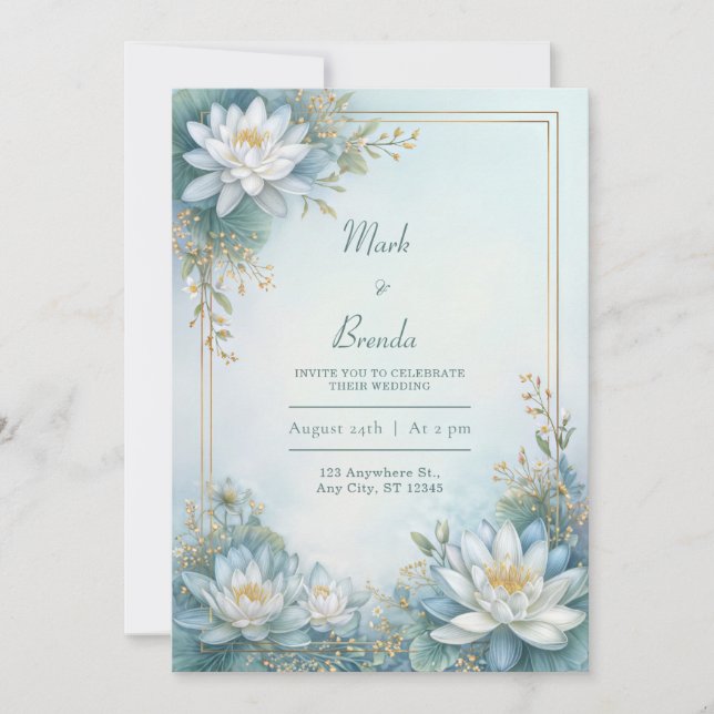 Misty Blue Water Lily Gold Frame Wedding Invitation (Front)