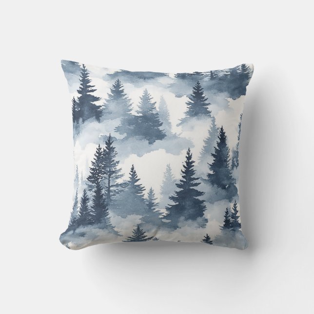 Misty Blue Watercolor Forest Cushion (Front)