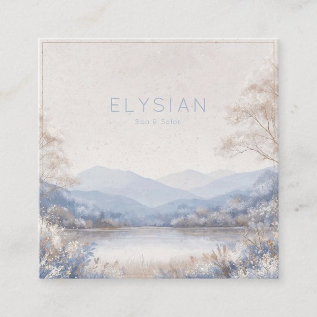 Misty Blue Winter Landscape Gold Frame Square Business Card (Front)