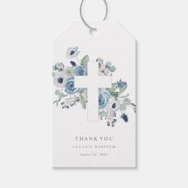 Misty Blues Baptism Christening Thanks Gift Tag (Front)