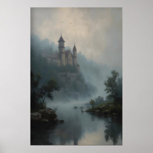 Misty Castle Landscape Wall Art, Medieval Castle Poster
