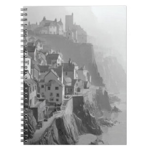 Misty Clifftop Village Black White Coastal Noteboo Notebook