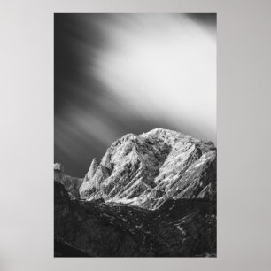 Misty clouds over the mountains in black and white poster