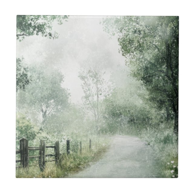 Misty Country Road Forest Path Landscape (1) Ceramic Tile (Front)