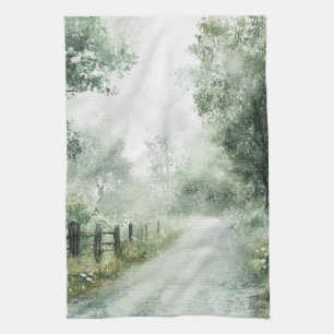 Misty Country Road Forest Path Landscape (1) Tea Towel